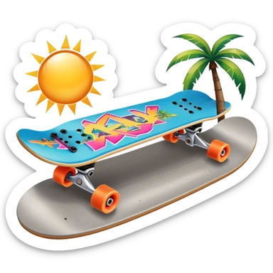 An icon featuring a skateboard resting on a smooth concrete surface. The background shows a sunny skate park with ramps, graffiti walls, and palm trees, creating an urban vibe. The skateboard is designed with vibrant colors and unique graphics. Transparent background  sticker