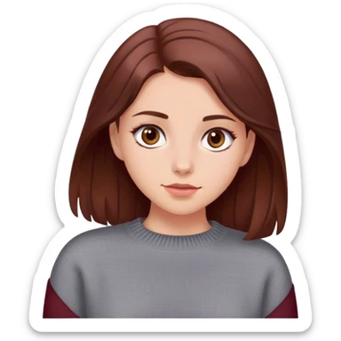 A girl with brown hair smiles, gray eyes, wearing a burgundy sweater sticker