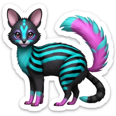 Hyper-realistic Black-coated with glowing random cyan and magenta markings divine beautiful elegant pretty precious cute young youthful  Fakémon-Pokémon-alien-opossum-feline-serval-caracal-chinchilla-Minccino-hybrid-creature with a big fluffy bushy striped tail (full body) sticker
