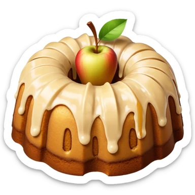 Bundt cake with apple slices in the middle and tan sauce sticker
