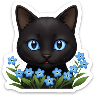 Un chat noir qui jou avec myosotis bleu sticker