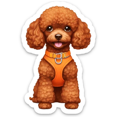 red toy poodle with an orange harness sticker
