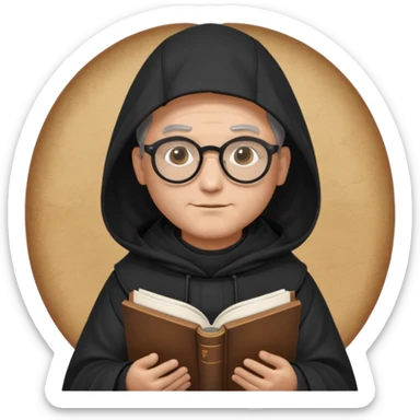 Monk priest prayer black habit with hood round black glasses done light brown wavy hair under hood remove the medallion smaller more round glassed age 46 no necklace more oval face hand holding book that says RB 480 top left is great add a little hair brown gray under hood  sticker