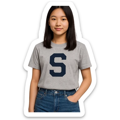 teenage Asian girl with an S on her shirt, modern casual style, simple background sticker