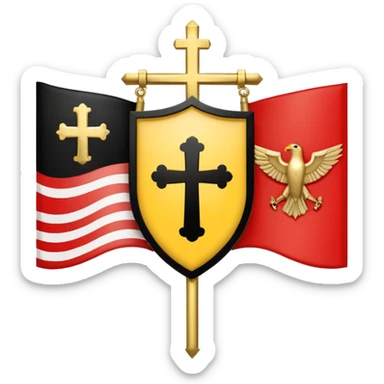 Flags: There are four flags, two on the top and two on the bottom, in the black and gold (yellow) quarters. Each flag features a gold Coptic cross.: In the center, there is a white shield or banner with a red eagle or bird, 
 sticker