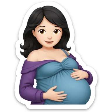 pregnant woman with wavy black hair happily touching her big belly while wearing warm clothes and a thin coat slightly drop of her shoulder sticker