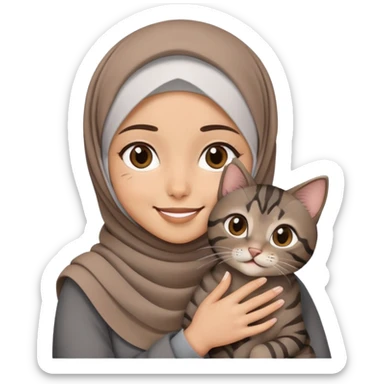 Girl wearing hijab smiling while holding a black brown grey tabby cat sticker
