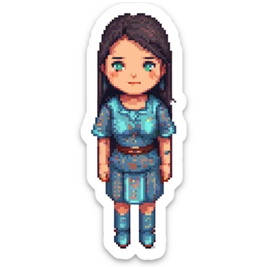 40-year-old woman with straight dark hair and medium skin, pixel art style sticker