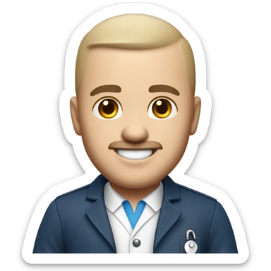 Health insurance agent with semi-bald head but with some hairs on the sides , white-skinned, no eyeglasses, white coat with blue polo inside, no stethoscope, smiling, with few but almost unnoticeable mustache, with slanted eyes, beautiful smile sticker
