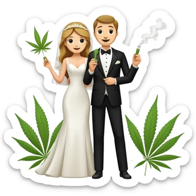 Full body view of bride in white dress and groom in tuxedo sharing a cannabis joint, cheerful cartoon wedding couple standing together sticker