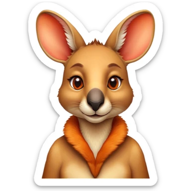 Cinematic Noble Kangaroo Portrait Emoji, Poised and regal, with a powerful, muscular build and a sleek, well-groomed fur of warm red-orange hues, deep-set soulful amber eyes and a strong tail, Simplified yet sharp and sophisticated features, highly detailed, glowing with a warm, dignified glow, high shine, intelligent and athletic, stylized with an air of outback majesty, focused and attentive, soft glowing outline, capturing the essence of a watchful and confident marsupial, so majestic it feels as though it could bound out of the screen with effortless authority! sticker