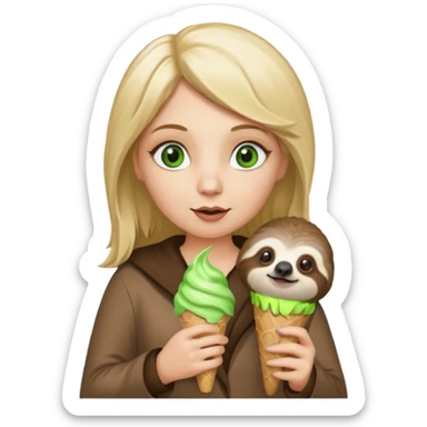 Blonde women green eyed in a sloth costume having a cone  sticker