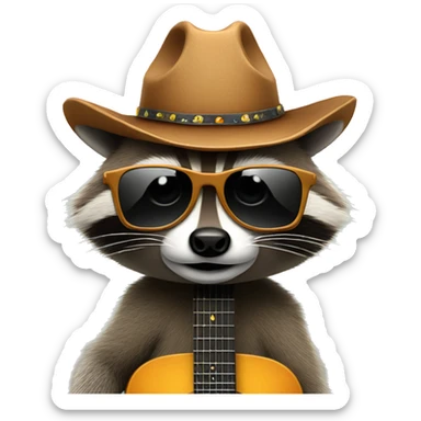 racoon with sunglasses cowboy hat and a guitar sticker