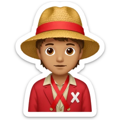 Make a guy with a straw hat and the hat has a red rebin and a red jacket and sandals and a x on he's chest sticker