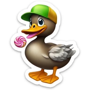 Duck wearing a trucker hat eating a candy caen sticker