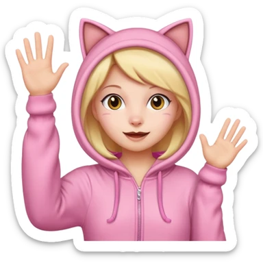 Girl in pink cat onesie waving happily sticker