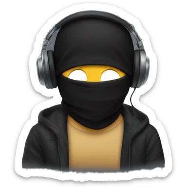 gamer with headphones and a black balaclava, there's a little bit of hair sticking out from under the balaclava. sticker