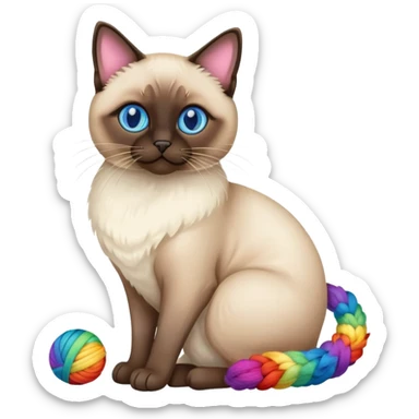 Siamese cat sitting full body with rainbow eyes playing with a wool ball sticker