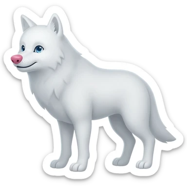White wolf with blue eyes and a pink nose sticker