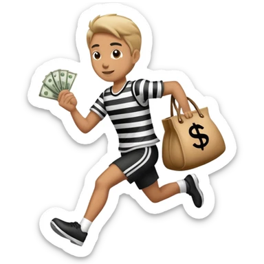 Robber running with money bag in black and white stripped clothing  sticker