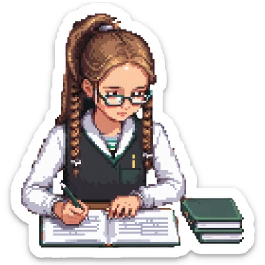 Girl with ponytail working on exam at desk with textbooks sticker
