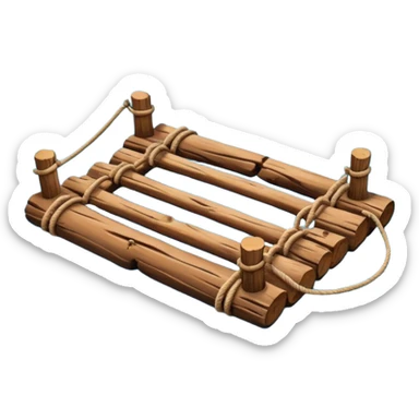 showing a simple wooden raft floating on calm blue water — made of several brown logs tied together with rope — gentle ripples around it — bright, cheerful lighting and soft shadows — minimalist, clean emoji design sticker
