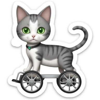 full body small short hair dark grey and white cat with green eyes walking in a wheelchair for cats sticker