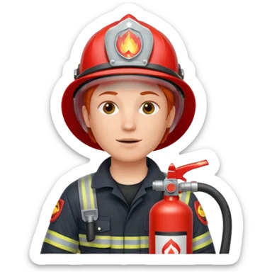 red haired Firefighter with respiratory protection with fire extinguisher sticker