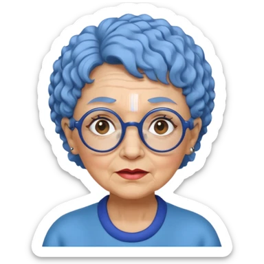 old lady with short, curly blue hair, matching blue eyebrows, light brown skin, round black glasses, and a neutral facial expression. sticker