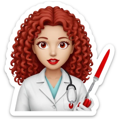 0Scary woman scalpel in hand, evil surgeon sexy surgeon clothes.  She has red eyes. Her  brown long curly hair. Wears sexy doctor outfit with red gloves. make her hair free and brown but she  wear mouth cover   to hide. Wears white surgeon jacket and  only   death long , long beown hair  sticker