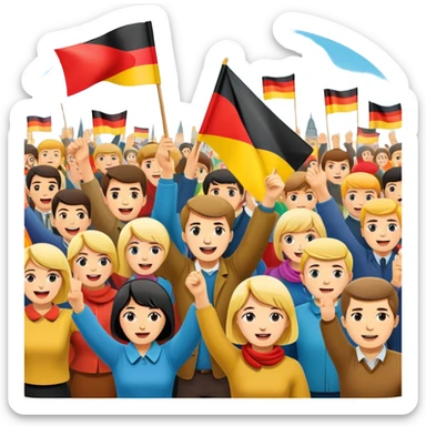 West German protest scene with people holding colorful protest signs, BRD flag, lively mood, 1960s sticker