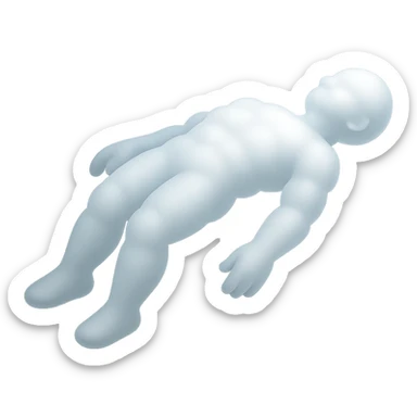side view of unconscious person flying torso up, legs and arms down, made of very bright white fluffy convex small clouds, matte glass style sticker