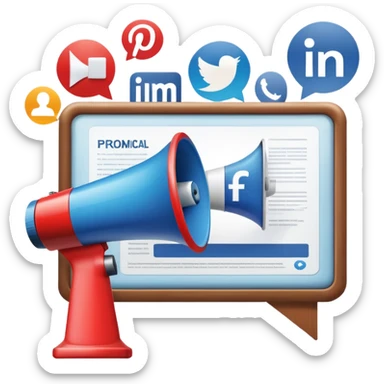 An icon featuring a megaphone, a billboard, and social media icons, symbolizing advertising and public relations. The design includes a press release and a rising graph, representing brand promotion and communication strategies. Transparent background highlights media influence and outreach. sticker