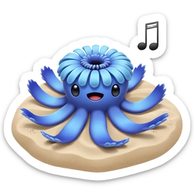 Light blue sea anemone with arms listening to music on sand sticker