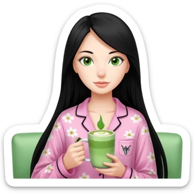 a 18 year old woman pin straight long black hair green eyes pink Victoria secret pjs with matcha sticker