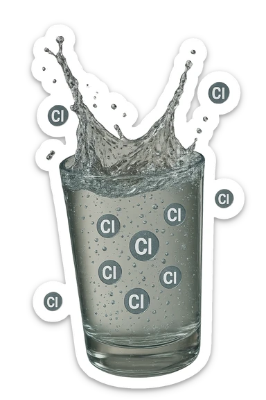 un bicchiere di acqua cade verticalmente dall'alto realistico e dettagliato, dentro l'acqua del bicchiere ci sono particelle di cloro ben visibili con la scritta "Cl" sopra, ci sono particelle anche che escono dal bicchiere e fluttuano in aria verticalmente, mentre alcune sono all'interno dell'acqua nel bicchiere, iperrealistico 4k sticker