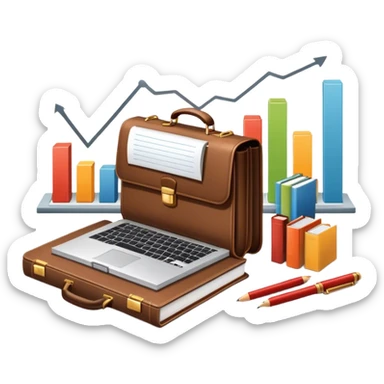 Icon for Business Reading: a prominent book at the forefront, with a briefcase, laptop, and notepad around it, along with a bar graph and symbolizing ideas and growth. The icon should represent the knowledge and strategy of business literature. Transparent background. sticker