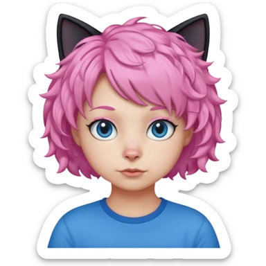 a Black cat wearing a short curly pink hair wig, blue T-shirt sticker