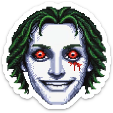 A pixelated face with droopy eyelids, bloodshot eyes, and a blissful smile - looking high and stoned sticker