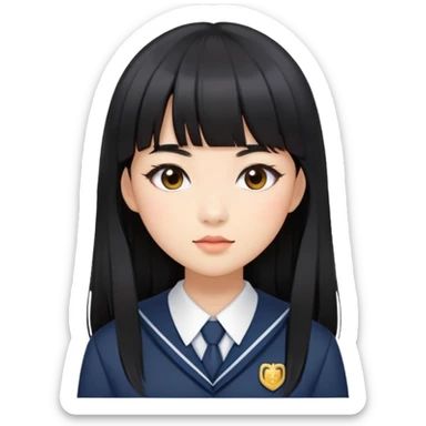 stylish woman with Asian skin, school uniform, long straight black hair with bangs, and soft makeup sticker