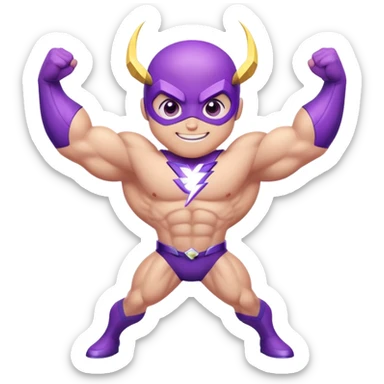 adorable purple insect superhero with big bulging muscles, electric lightning arms, huge cartoon eyes, and a confident smiling expression sticker