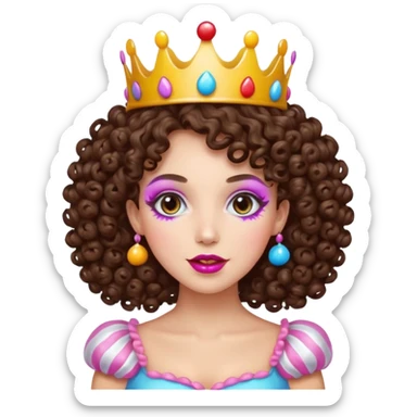 brunette curly haired queen of the candyland, with candy makeup candy crown and just face sticker