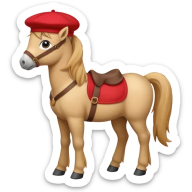 A cute pony (horse) emoji, full body, standing in side view, wearing a stylish red beret. sticker