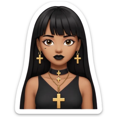 vampira parda com cabelo preto longo e liso e franja, olhos pretos, brincos em formato de cruz, choker em formato de cruz, roupa preta com decote, batom preto e sorrindo de canto sticker