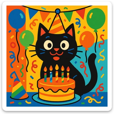 a black cat having a birthday party, vibrant cartoon style sticker