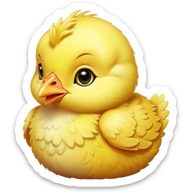 Cinematic Noble Yellow Baby Chicken Portrait Emoji, Poised and regal, with a tiny, fluffy build and a vibrant, well-groomed bright yellow downy coat, deep-set soulful beady eyes, Simplified yet sharp and sophisticated features, highly detailed, glowing with a soft, dignified glow, high shine, intelligent and charming, stylized with an air of youthful elegance, focused and attentive, soft glowing outline, capturing the essence of a watchful and confident little chick, so majestic it feels as though it could peep out of the screen with effortless authority! sticker