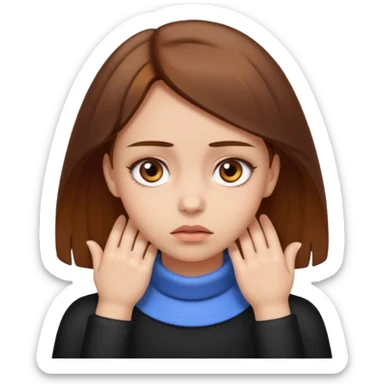 Girl with brown hair and central heterochromia , skin tone light, with her hands on her neck and is annoyed￼  sticker