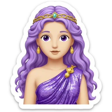 Aphrodite from Roman Deities with long lavender wavy hair, lavender sequin toga sticker
