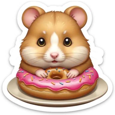 Cute cartoon-style hamster staring dramatically at a donut on a plate, conflicted expression, big shiny eyes. Painterly shading, white background, sticker-style illustration sticker