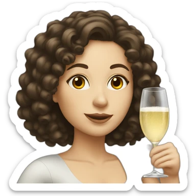White woman with dark brown curly hair drinking prosecco sticker